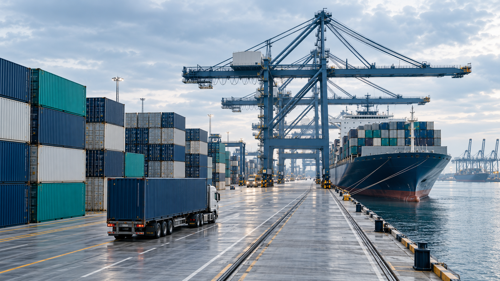 Illustrative international container port with freight transport and cargo handling